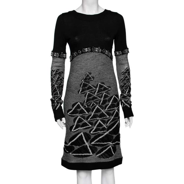 مملوكة مسبقًا Chanel Monochrome Jacquard Wool Long Sleeve Sheath Dress M