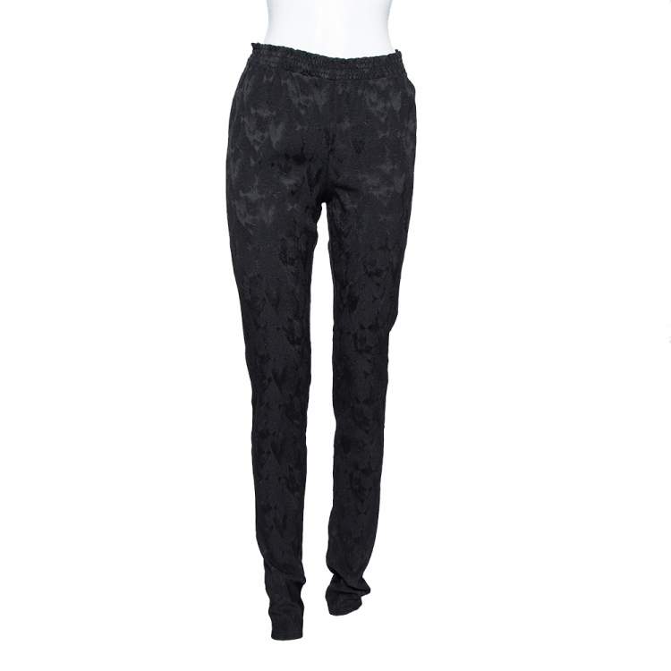 Pre Owned Chanel Black Patterned Silk Elastic Waist Pants M