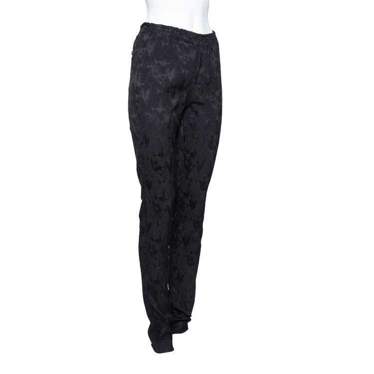 Pre Owned Chanel Black Patterned Silk Elastic Waist Pants M