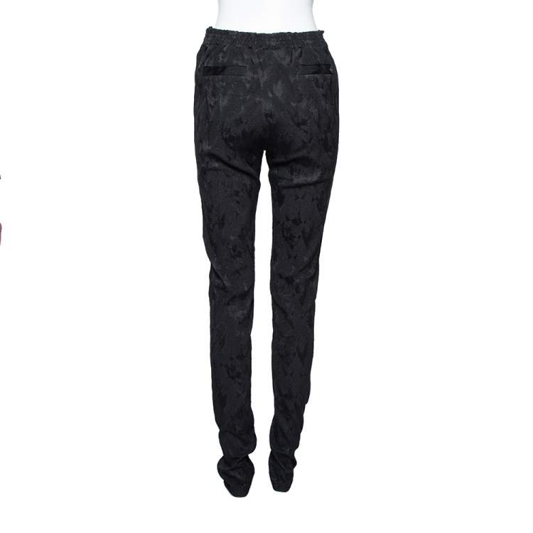 Pre Owned Chanel Black Patterned Silk Elastic Waist Pants M