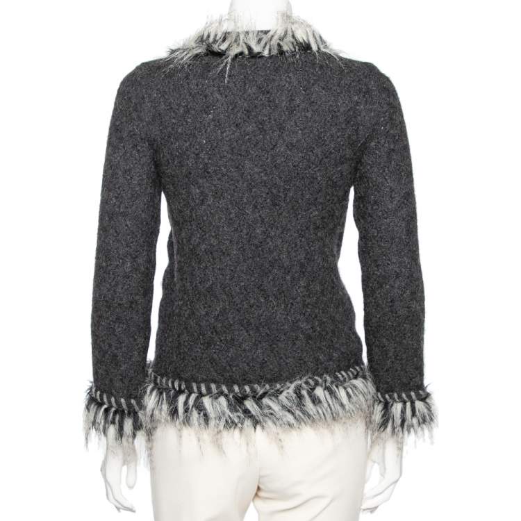 Pre Owned Chanel Grey Alpaca Wool Faux Fur Trimmed Zip Front Jacket M