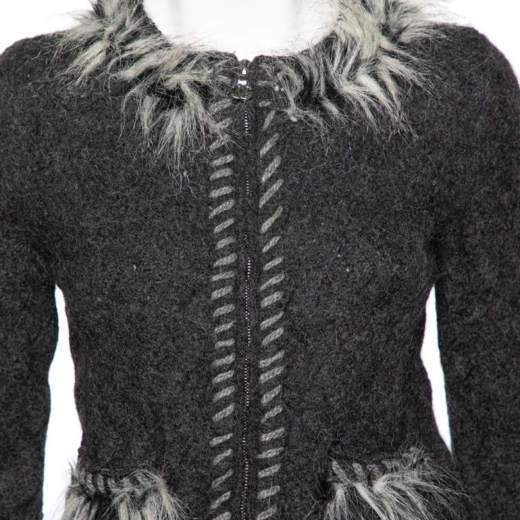 Pre Owned Chanel Grey Alpaca Wool Faux Fur Trimmed Zip Front Jacket M