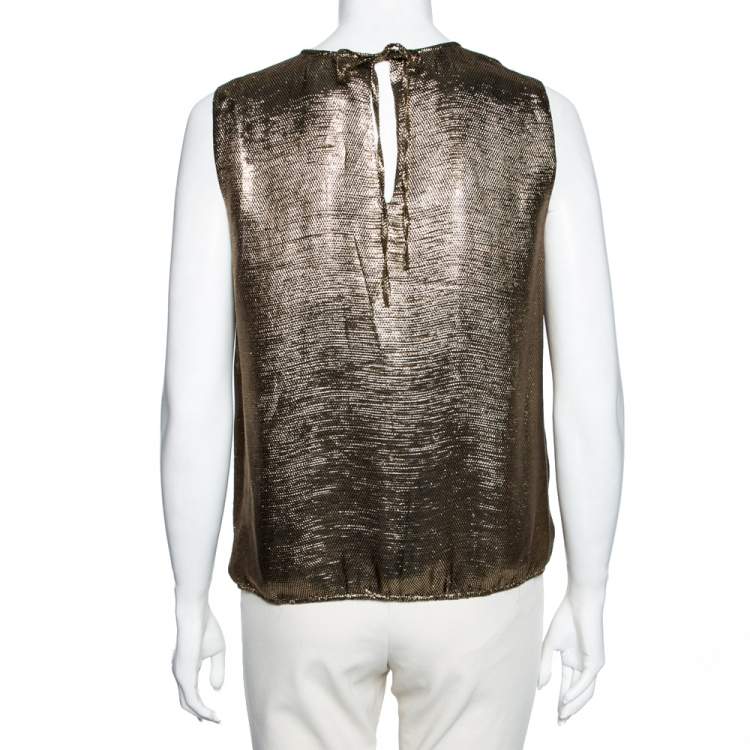 Pre Owned Chanel Gold Lurex Silk Pleated Sleeveless Top M