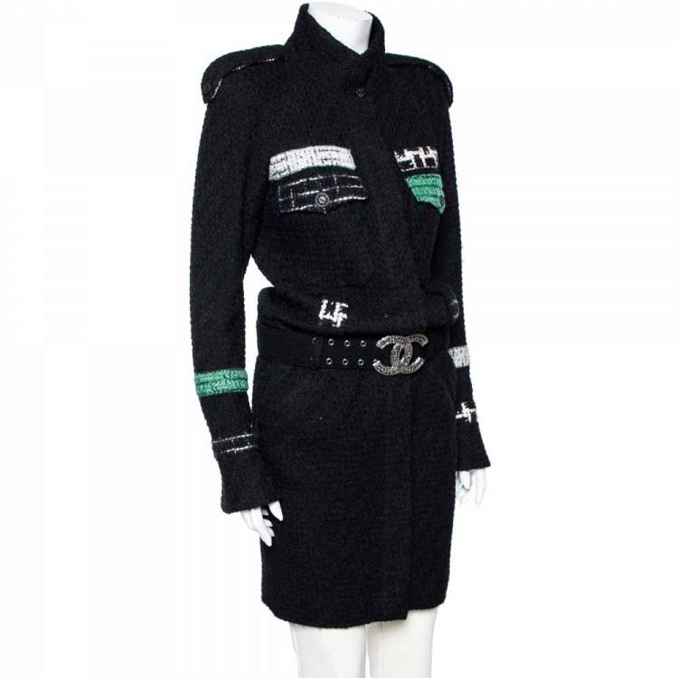 Pre Owned Chanel Black Boucle & Tweed Detailed Belted Coat M