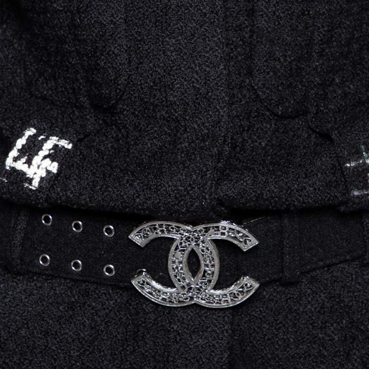 Pre Owned Chanel Black Boucle & Tweed Detailed Belted Coat M
