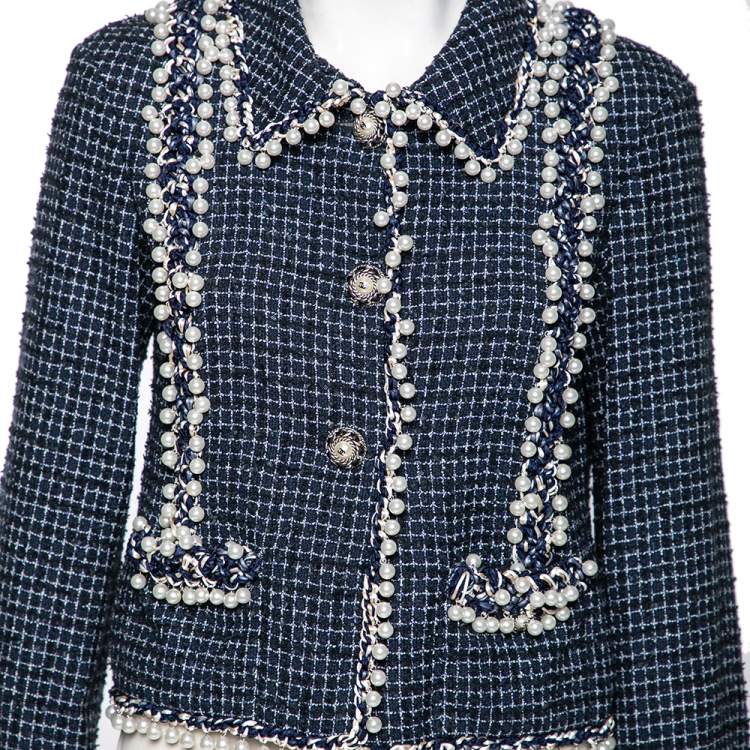 Pre Owned Chanel Blue Tweed Pearl Embellished Button Front Jacket M
