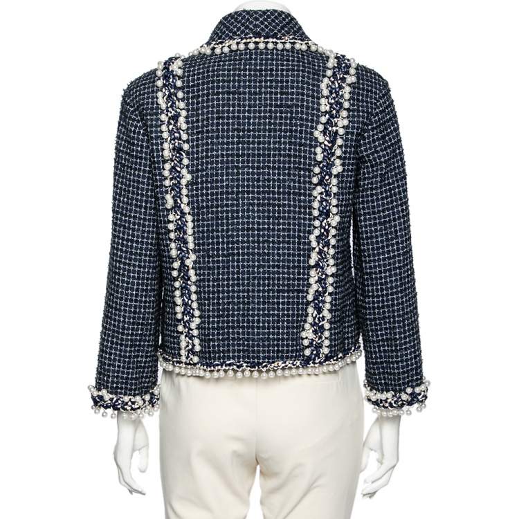 Pre Owned Chanel Blue Tweed Pearl Embellished Button Front Jacket M