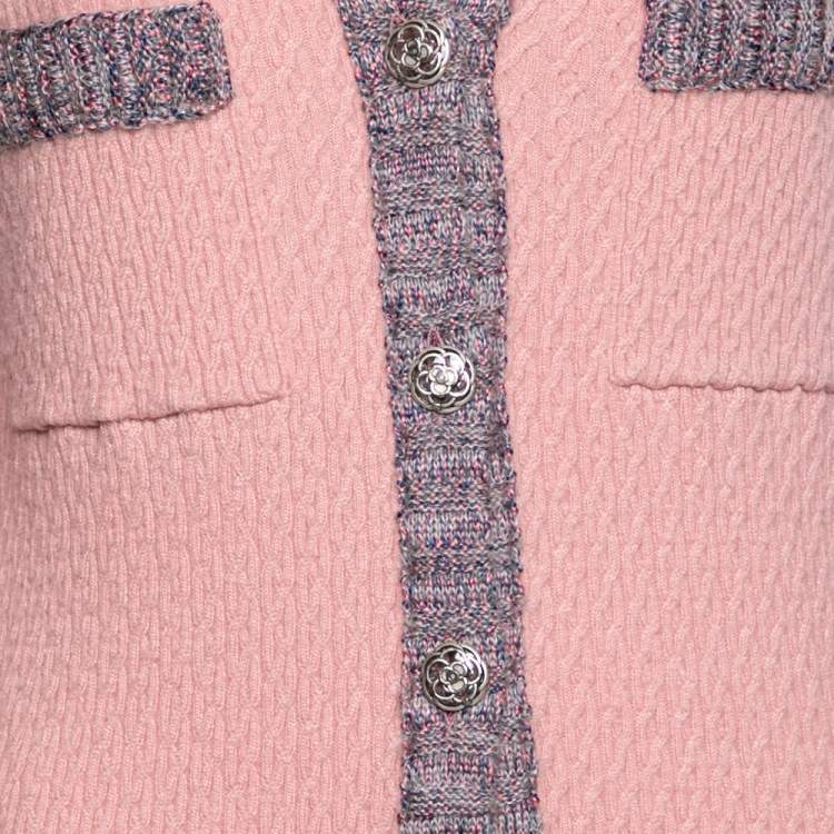 Pre Owned Chanel Pink Patterned Cashmere & Silk Knit Button Front Dress M 