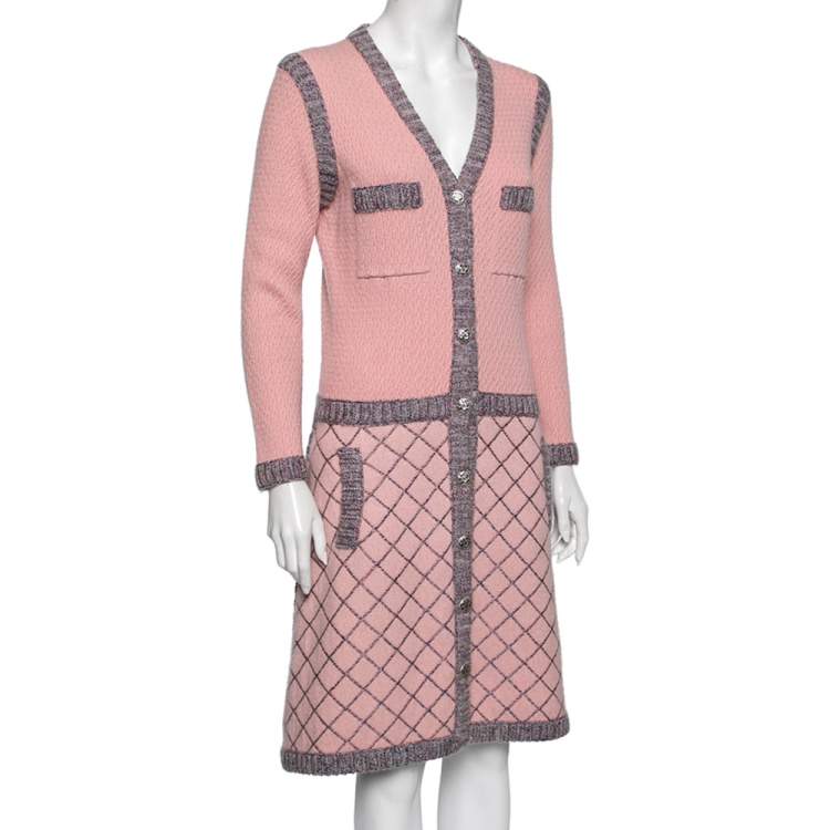 Pre Owned Chanel Pink Patterned Cashmere & Silk Knit Button Front Dress M 
