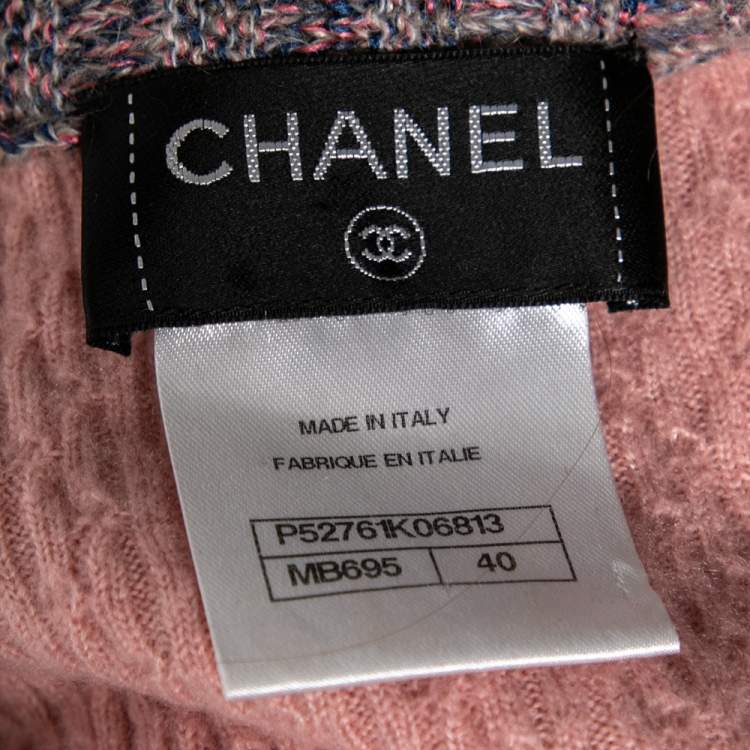 Pre Owned Chanel Pink Patterned Cashmere & Silk Knit Button Front Dress M 