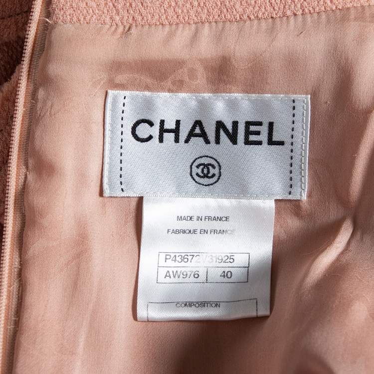 Pre Owned Chanel Peach Textured Wool Pearl Belt Embellished Midi Dress M 