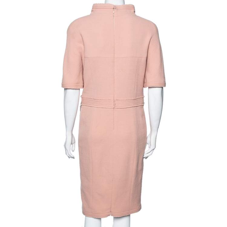 Pre Owned Chanel Peach Textured Wool Pearl Belt Embellished Midi Dress M 
