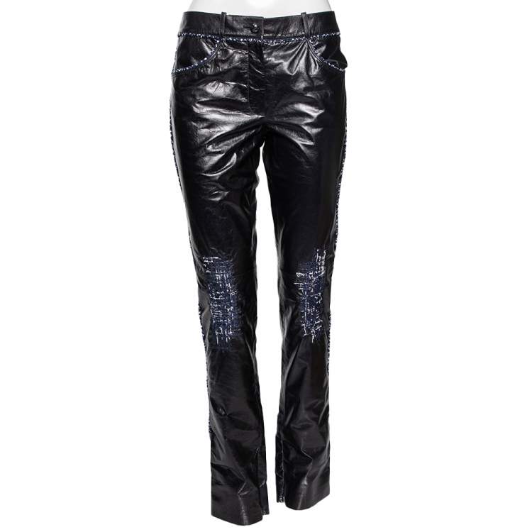 Pre Owned Chanel Black Leather Contrast Tweed Detailed Pants M