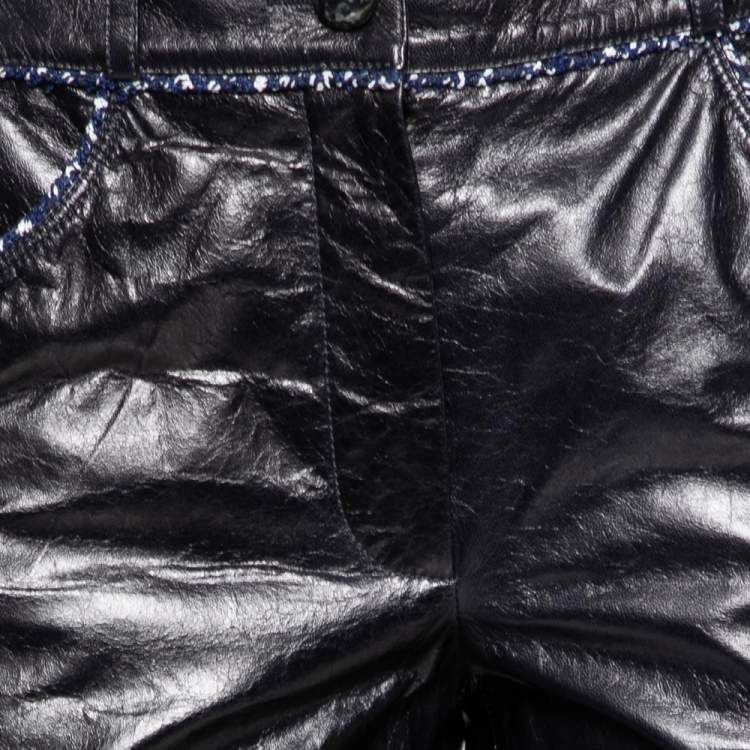 Pre Owned Chanel Black Leather Contrast Tweed Detailed Pants M