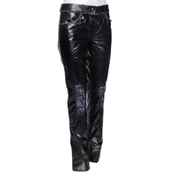 Pre Owned Chanel Black Leather Contrast Tweed Detailed Pants M