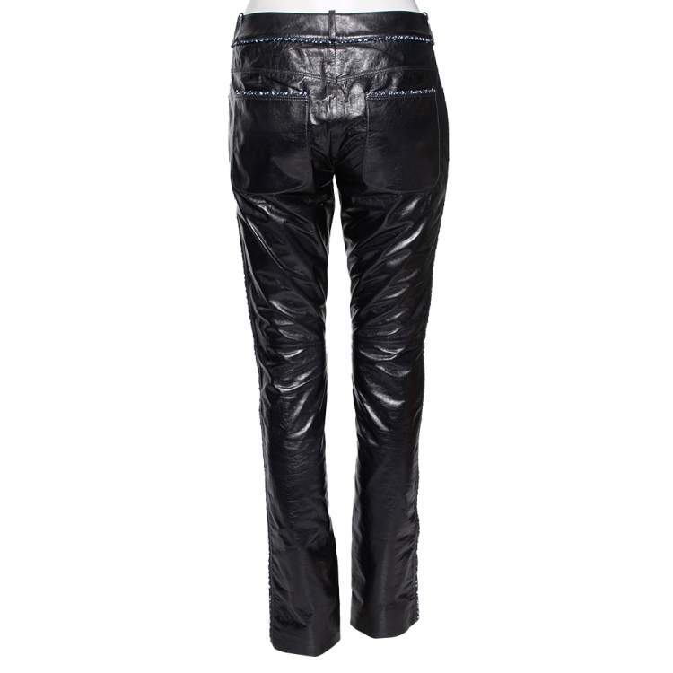 Pre Owned Chanel Black Leather Contrast Tweed Detailed Pants M