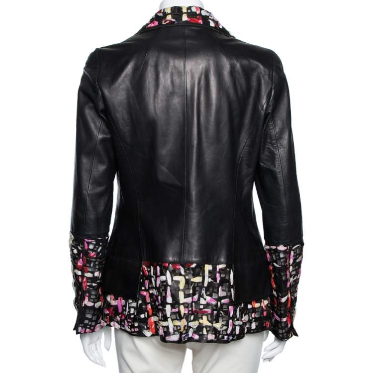 Pre Owned Chanel Black Laser Cut Leather & Silk Inset Blazer Jacket M 