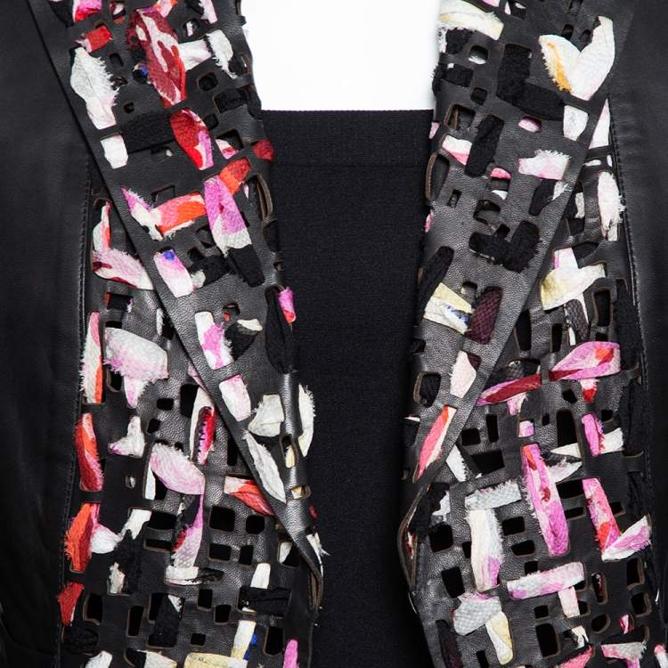 Pre Owned Chanel Black Laser Cut Leather & Silk Inset Blazer Jacket M 