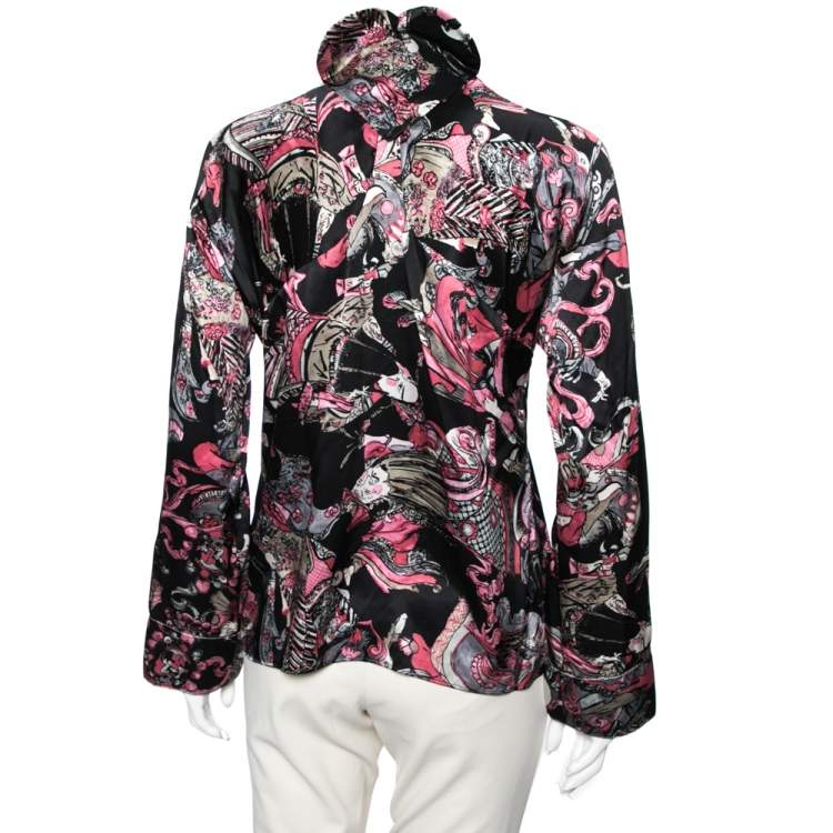 Pre Owned Chanel Black & Pink Printed Satin Silk Button Front Shirt M 
