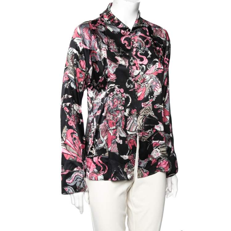 Pre Owned Chanel Black & Pink Printed Satin Silk Button Front Shirt M 