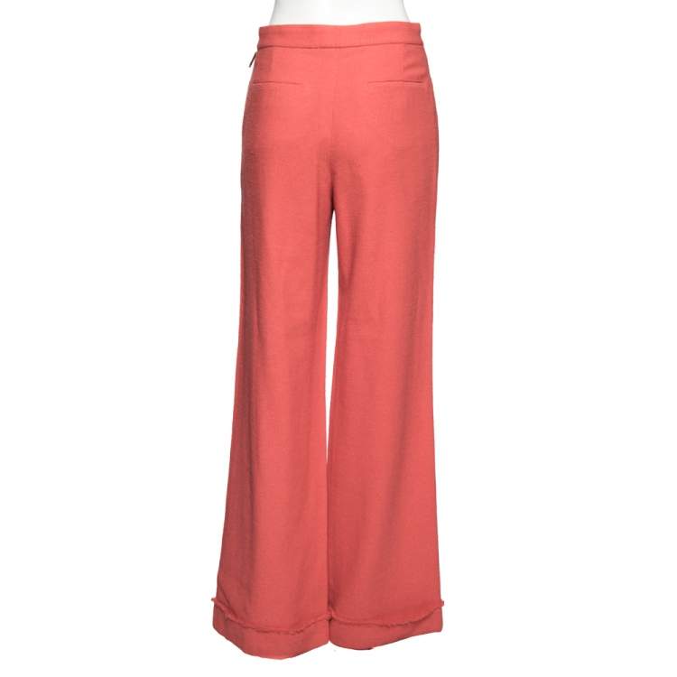 Pre Owned Chanel Pink Textured Wool Fringed Hem Detail Pants M 