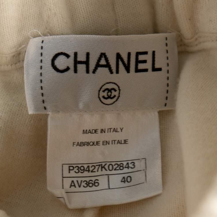 Pre Owned Chanel Cream Wool Logo Embroidered Straight Pants M