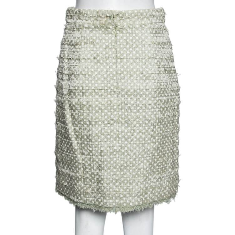 Pre Owned Chanel Light Green Polk Dotted Overlay Tweed Mini Skirt M