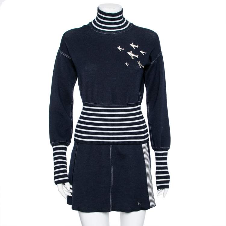 Chanel Navy Blue White Striped Knit Plane Embellished Jumper Skirt Set S Chanel TLC