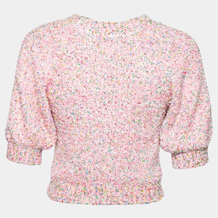 Pre Owned Chanel Pink Knit Sequin Embellished Crewneck Jumper S