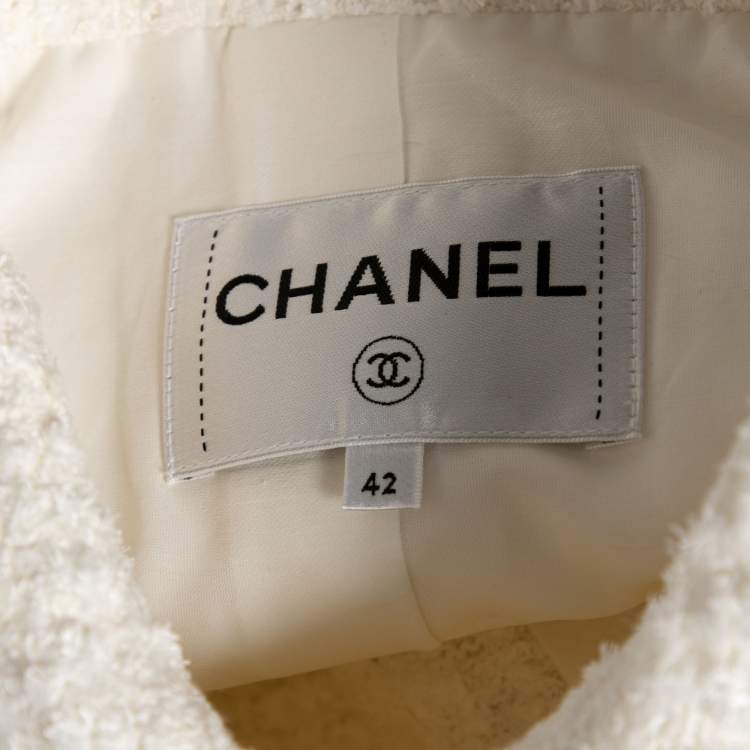 Pre Owned Chanel Ivory Tweed Pocketed Button Front Jacket L