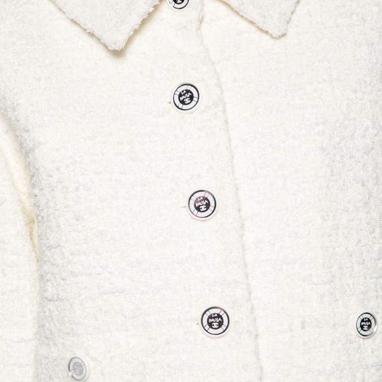 Pre Owned Chanel Ivory Tweed Pocketed Button Front Jacket L