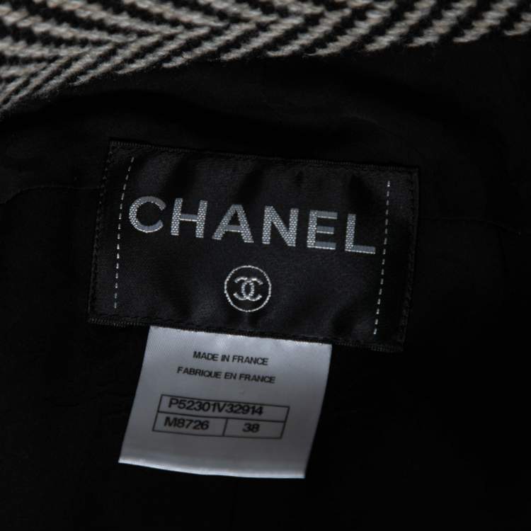 Pre Owned Chanel Monochrome Patterned Cashmere & Wool Button Front Jacket M