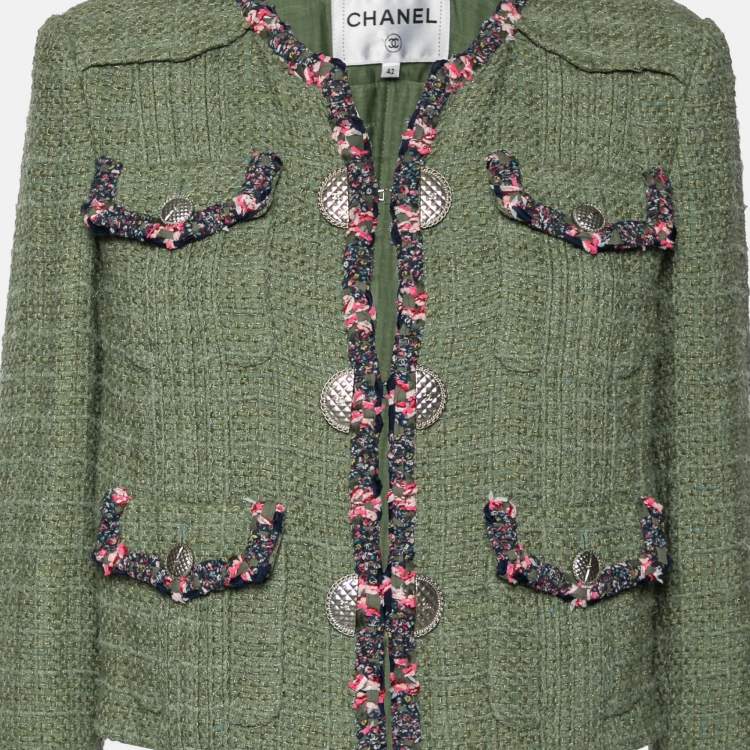 Pre Owned Chanel Khaki Green Tweed Contrast Trimmed Jacket L
