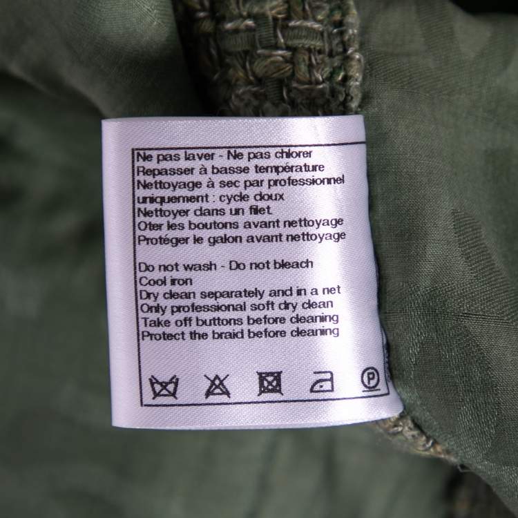 Pre Owned Chanel Khaki Green Tweed Contrast Trimmed Jacket L