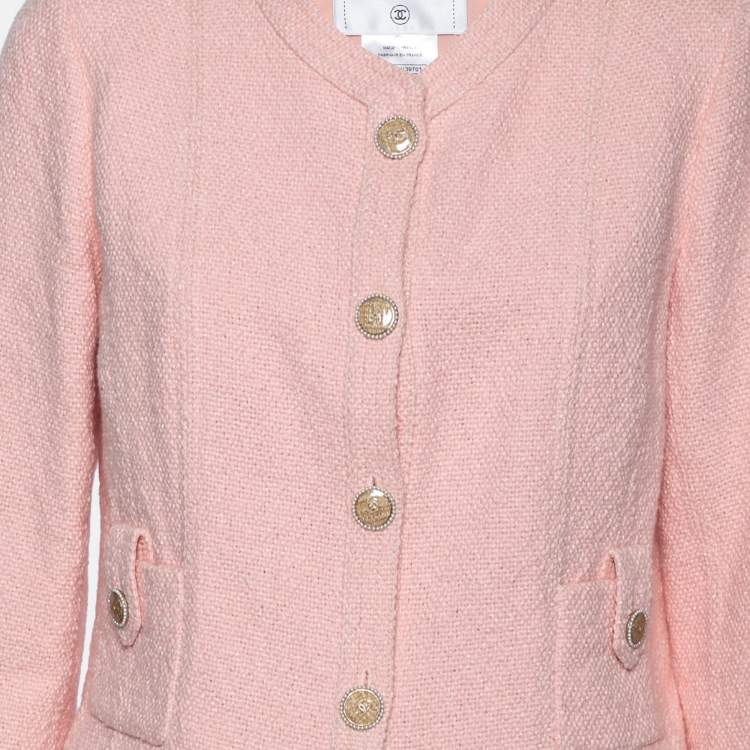 Pre Owned Chanel Pink Tweed Pocket Detail Button Front Jacket L