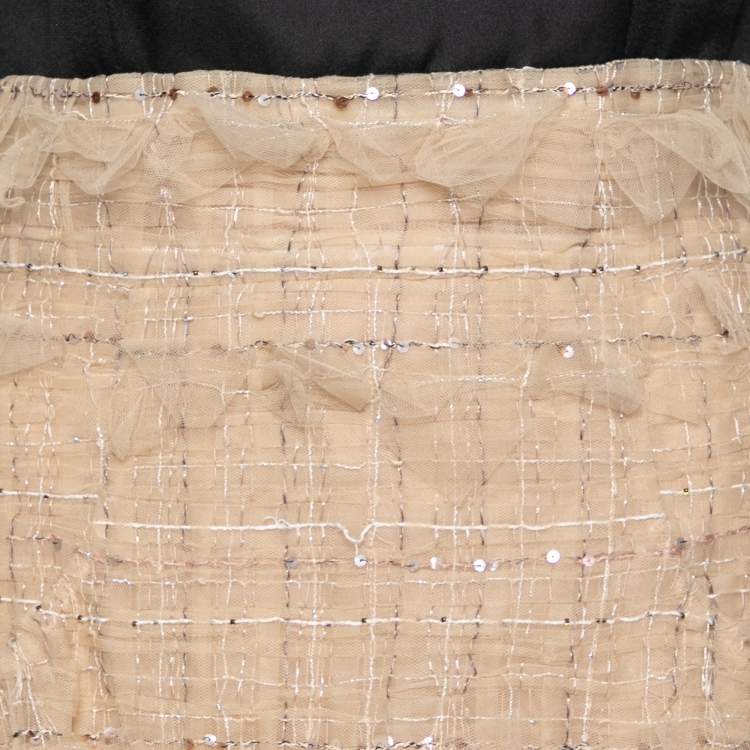 Pre Owned Chanel Beige Embellished Woven Tulle Flared Dress M