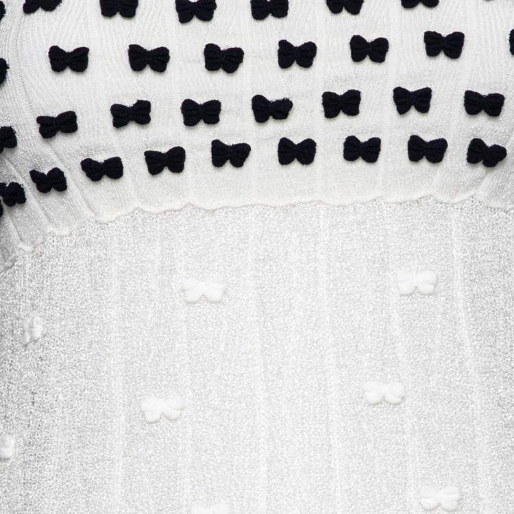 Pre Owned Chanel White Perforated Knit Bow Appliqued Sleeveless Top L