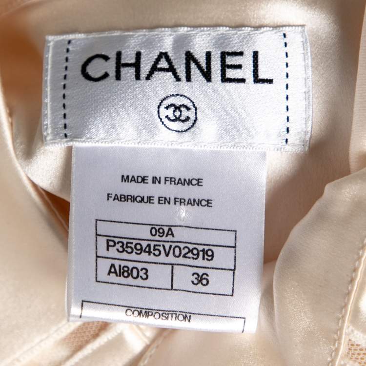Pre Owned Chanel Ivory Satin Silk Bow Applique Detailed Button Front Blouse S