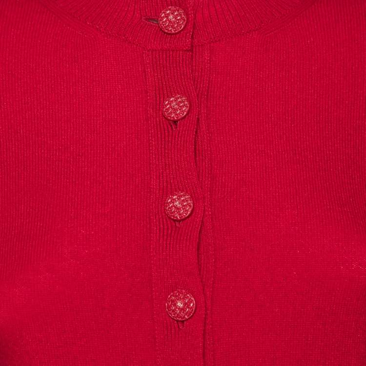 Pre Owned Chanel Red Cashmere Button Front Long Sleeve Cardigan S