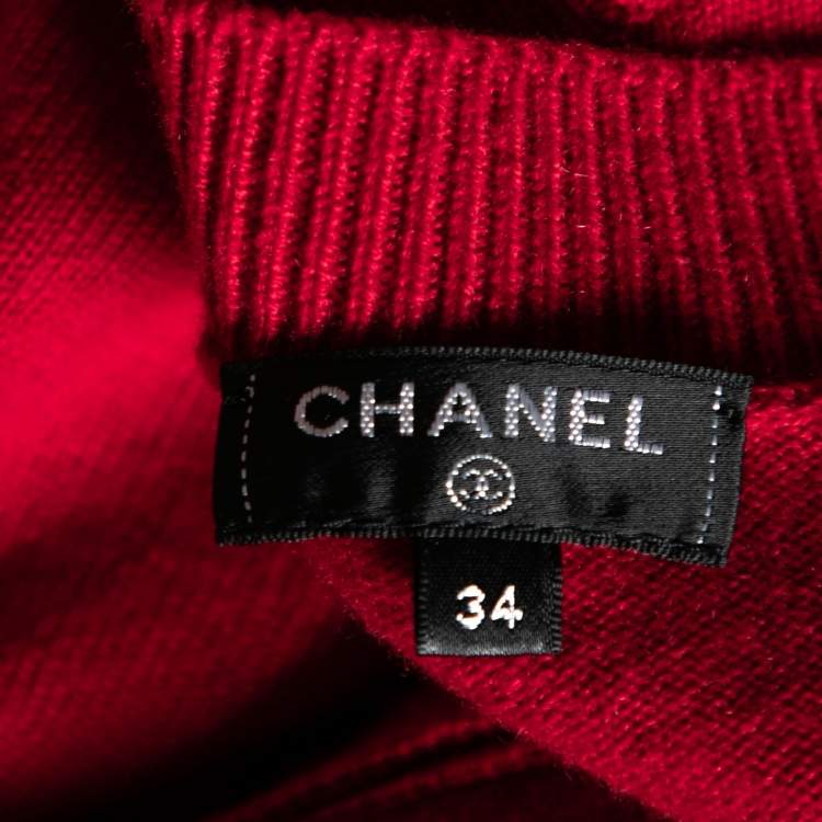 Pre Owned Chanel Red Cashmere Button Front Long Sleeve Cardigan S