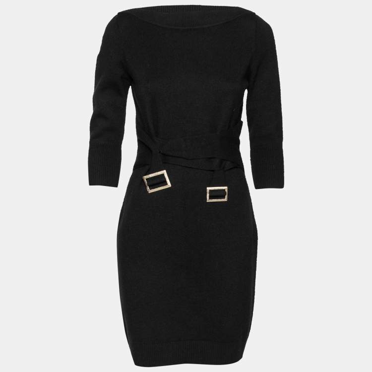 Pre Owned Chanel Black Knit Belted Midi Dress M