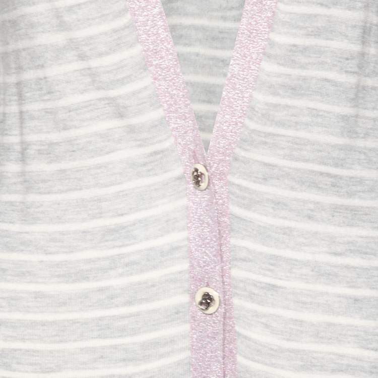 Pre Owned Chanel Grey Striped Cashmere & Metallic Lurex Knit Trim Cardigan S