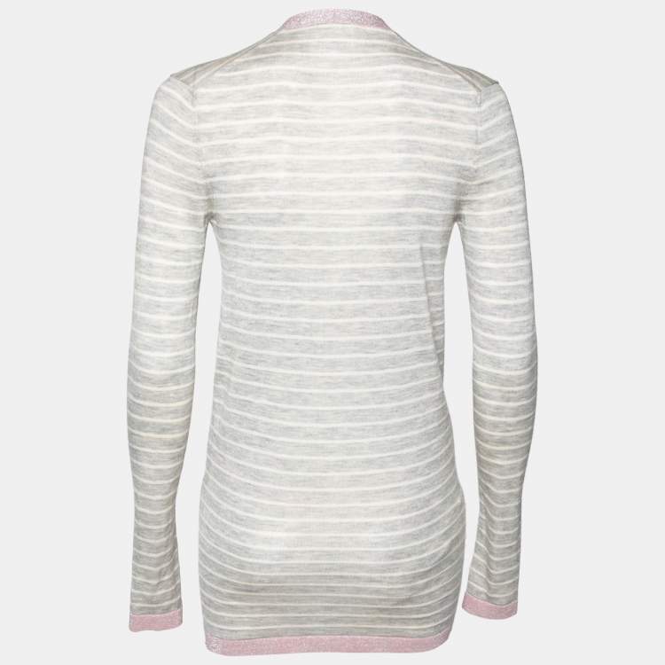 Pre Owned Chanel Grey Striped Cashmere & Metallic Lurex Knit Trim Cardigan S