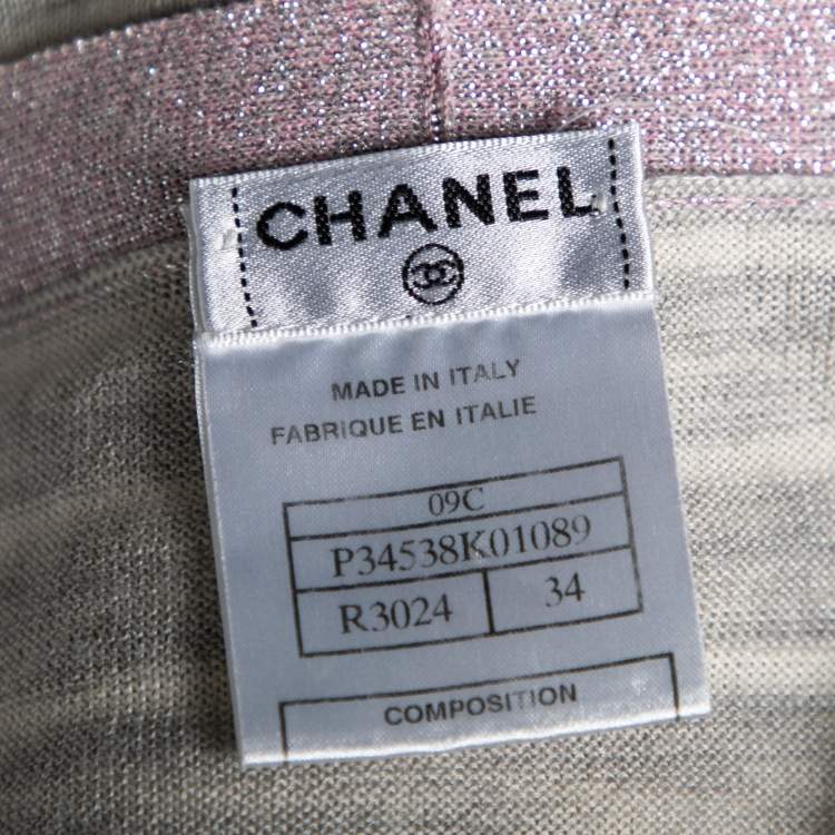 Pre Owned Chanel Grey Striped Cashmere & Metallic Lurex Knit Trim Cardigan S