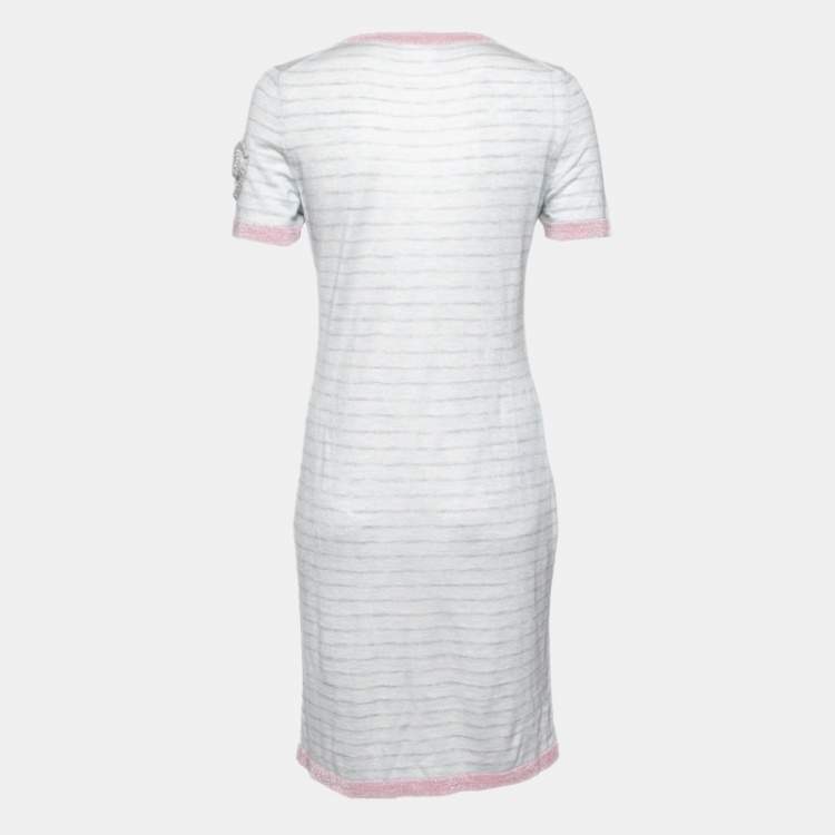 Chanel Pale Blue Striped Cashmere Knit Logo Embroidered Dress L