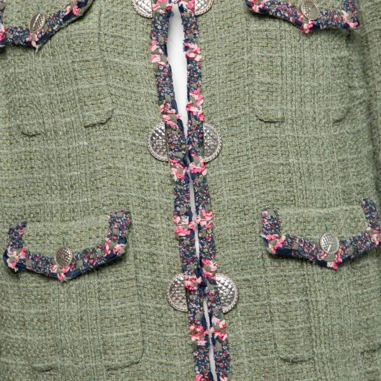 Pre Owned Chanel Green Fantasy Tweed Button Front Jacket XXL
