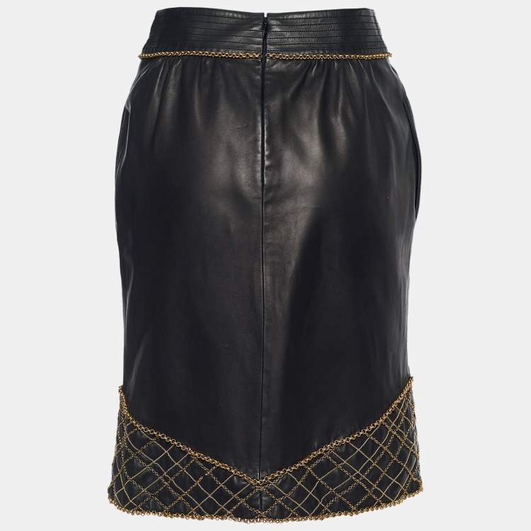 Pre Owned Chanel Black Leather Chain Embellished Pencil Skirt S