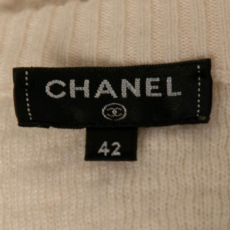 Pre Owned Chanel Cream Textured Cashmere Long Sleeve Sweater L