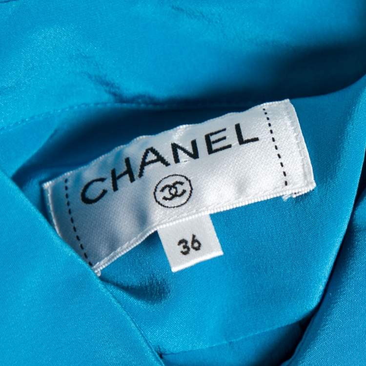 Pre Owned Chanel Blue Silk Velcro Trimmed Button Front Blouse S