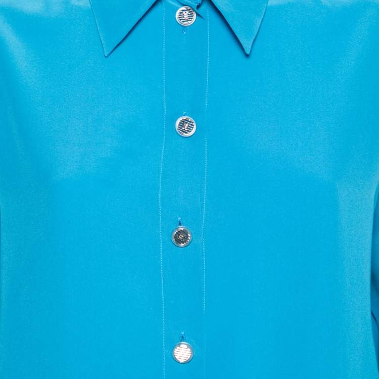 Pre Owned Chanel Blue Silk Velcro Trimmed Button Front Blouse S
